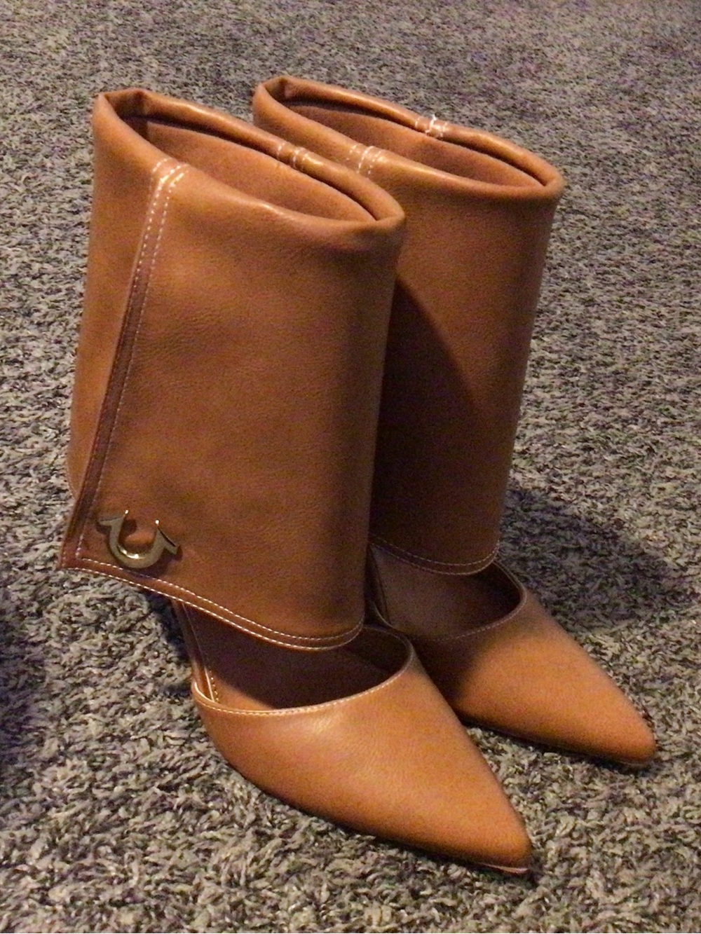 True Religion Brown Fold-Over Pointed Toe Mid-Calf Boots